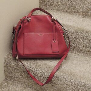 DKNY Red Pebbled Leather Satchel Crossbody Bag Gold Hardware